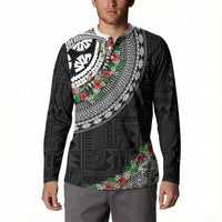 Fiji Hibiscus Button Sweatshirt Tapa Masi Motifs with Tropical Plants
