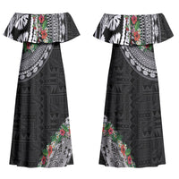 Fiji Hibiscus Couples Matching Off Shoulder Maxi Dress and Hawaiian Shirt Tapa Masi Motifs with Tropical Plants
