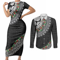 Fiji Hibiscus Couples Matching Short Sleeve Bodycon Dress and Long Sleeve Button Shirt Tapa Masi Motifs with Tropical Plants