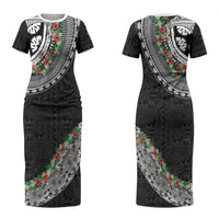 Fiji Hibiscus Couples Matching Short Sleeve Bodycon Dress and Long Sleeve Button Shirt Tapa Masi Motifs with Tropical Plants