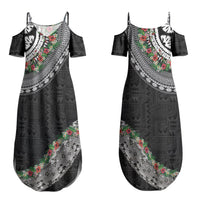 Fiji Hibiscus Couples Matching Summer Maxi Dress and Hawaiian Shirt Tapa Masi Motifs with Tropical Plants