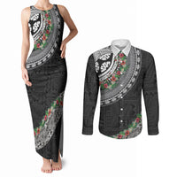 Fiji Hibiscus Couples Matching Tank Maxi Dress and Long Sleeve Button Shirt Tapa Masi Motifs with Tropical Plants