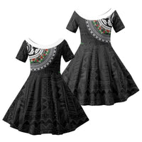 Fiji Hibiscus Family Matching Off The Shoulder Long Sleeve Dress and Hawaiian Shirt Tapa Masi Motifs with Tropical Plants