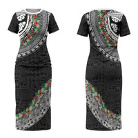 Fiji Hibiscus Family Matching Short Sleeve Bodycon Dress and Hawaiian Shirt Tapa Masi Motifs with Tropical Plants LT03 Mom's Dress Black - Polynesian Pride