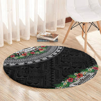 Fiji Hibiscus Round Carpet Tapa Masi Motifs with Tropical Plants