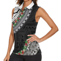 Fiji Hibiscus Women Sleeveless Polo Shirt Tapa Masi Motifs with Tropical Plants