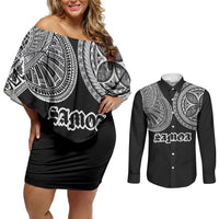 Samoa Traditional Tattoo Couples Matching Off Shoulder Short Dress and Long Sleeve Button Shirt Tribal Tatau Pattern
