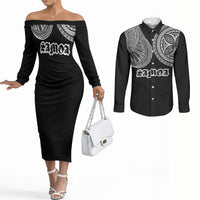 Samoa Traditional Tattoo Couples Matching Off The Shoulder Long Sleeve Dress and Long Sleeve Button Shirt Tribal Tatau Pattern