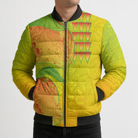 Hawaiian Mango Bomber Puffer Jacket Polynesian Art Pattern and Kakau Tattoo