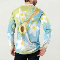 Hawaiian Ukulele Avocado Button Sweatshirt Leis and Polynesian Pattern