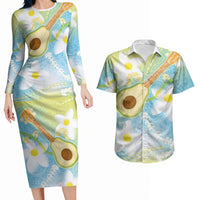 Hawaiian Ukulele Avocado Couples Matching Long Sleeve Bodycon Dress and Hawaiian Shirt Leis and Polynesian Pattern