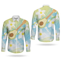 Hawaiian Ukulele Avocado Couples Matching Off Shoulder Maxi Dress and Long Sleeve Button Shirt Leis and Polynesian Pattern