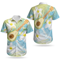 Hawaiian Ukulele Avocado Couples Matching Puletasi and Hawaiian Shirt Leis and Polynesian Pattern