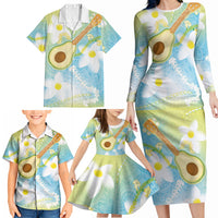 Hawaiian Ukulele Avocado Family Matching Long Sleeve Bodycon Dress and Hawaiian Shirt Leis and Polynesian Pattern
