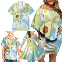 Hawaiian Ukulele Avocado Family Matching Off Shoulder Short Dress and Hawaiian Shirt Leis and Polynesian Pattern