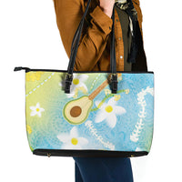 Hawaiian Ukulele Avocado Leather Tote Bag Leis and Polynesian Pattern