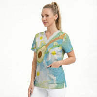 Hawaiian Ukulele Avocado Scrub Top Leis and Polynesian Pattern