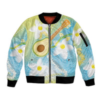 Hawaiian Ukulele Avocado Sleeve Zip Bomber Jacket Leis and Polynesian Pattern