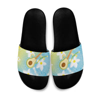 Hawaiian Ukulele Avocado Slide Sandals Leis and Polynesian Pattern