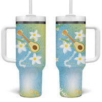 Hawaiian Ukulele Avocado Tumbler With Handle Leis and Polynesian Pattern