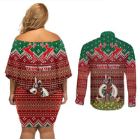 Personalised Vanuatu Christmas Couples Matching Off Shoulder Short Dress and Long Sleeve Button Shirts Pig Tusk Beautiful Merry Xmas Snowflake LT03 - Polynesian Pride