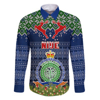 Personalised Niue Christmas Family Matching Off Shoulder Long Sleeve Dress and Hawaiian Shirt Coat of Arms and Map Beautiful Merry Xmas Snowflake LT03 Dad's Shirt - Long Sleeve Blue - Polynesian Pride