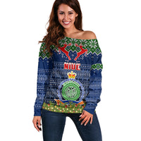 Personalised Niue Christmas Off Shoulder Sweater Coat of Arms and Map Beautiful Merry Xmas Snowflake LT03 Women Blue - Polynesian Pride