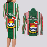 Kiribati Christmas Couples Matching Long Sleeve Bodycon Dress and Long Sleeve Button Shirts Santa With Gift Bag Behind Ribbons Seamless Green Maori LT03 - Polynesian Pride