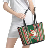 Kiribati Christmas Leather Tote Bag Santa With Gift Bag Behind Ribbons Seamless Green Maori LT03 - Polynesian Pride