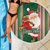 Custom Kiribati Christmas Beach Blanket Santa With Gift Bag Behind Ribbons Seamless Green Maori LT03 - Wonder Print Shop