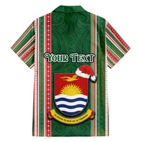 Custom Kiribati Christmas Family Matching Off Shoulder Short Dress and Hawaiian Shirt Santa With Gift Bag Behind Ribbons Seamless Green Maori LT03 - Polynesian Pride