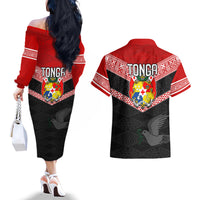 Tonga Couples Matching Off The Shoulder Long Sleeve Dress and Hawaiian Shirt Tonga Coat of Arms with Seamless Tapa Ngatu Pattern LT03 - Polynesian Pride
