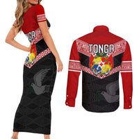 Tonga Couples Matching Short Sleeve Bodycon Dress and Long Sleeve Button Shirts Tonga Coat of Arms with Seamless Tapa Ngatu Pattern LT03 - Polynesian Pride