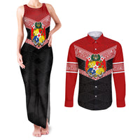 Tonga Couples Matching Tank Maxi Dress and Long Sleeve Button Shirts Tonga Coat of Arms with Seamless Tapa Ngatu Pattern LT03 Black - Polynesian Pride