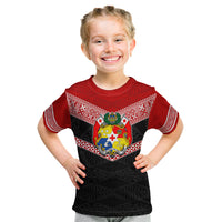 Tonga Kid T Shirt Tonga Coat of Arms with Seamless Tapa Ngatu Pattern LT03 Black - Polynesian Pride