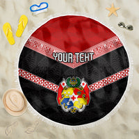 Personalised Tonga Beach Blanket Tonga Coat of Arms with Seamless Tapa Ngatu Pattern LT03 One Size 150cm Black - Wonder Print Shop