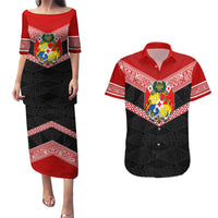 Personalised Tonga Couples Matching Puletasi Dress and Hawaiian Shirt Tonga Coat of Arms with Seamless Tapa Ngatu Pattern LT03 Black - Polynesian Pride