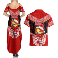 Tonga Christmas Couples Matching Summer Maxi Dress and Hawaiian Shirt Tongan Coat of Arms Santa With Ngatu Pattern Christmas Red Style LT03 - Polynesian Pride