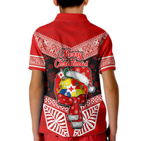Tonga Christmas Kid Polo Shirt Tongan Coat of Arms Santa With Ngatu Pattern Christmas Red Style LT03 - Polynesian Pride