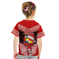 Tonga Christmas Kid T Shirt Tongan Coat of Arms Santa With Ngatu Pattern Christmas Red Style LT03 - Polynesian Pride