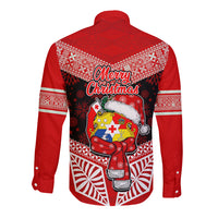 Tonga Christmas Long Sleeve Button Shirt Tongan Coat of Arms Santa With Ngatu Pattern Christmas Red Style LT03 - Polynesian Pride