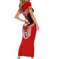 Personalised Tonga Christmas Family Matching Short Sleeve Bodycon Dress and Hawaiian Shirt Tongan Coat of Arms Santa With Ngatu Pattern Christmas Red Style LT03 - Polynesian Pride