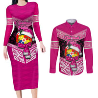 Tonga Christmas Couples Matching Long Sleeve Bodycon Dress and Long Sleeve Button Shirts Tongan Coat of Arms Santa With Ngatu Pattern Christmas Pink Style LT03 Pink - Polynesian Pride