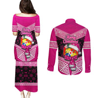 Tonga Christmas Couples Matching Puletasi Dress and Long Sleeve Button Shirts Tongan Coat of Arms Santa With Ngatu Pattern Christmas Pink Style LT03 - Polynesian Pride