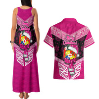 Tonga Christmas Couples Matching Tank Maxi Dress and Hawaiian Shirt Tongan Coat of Arms Santa With Ngatu Pattern Christmas Pink Style LT03 - Polynesian Pride
