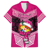 Tonga Christmas Family Matching Off Shoulder Maxi Dress and Hawaiian Shirt Tongan Coat of Arms Santa With Ngatu Pattern Christmas Pink Style LT03 Dad's Shirt - Short Sleeve Pink - Polynesian Pride