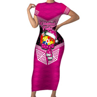 Tonga Christmas Short Sleeve Bodycon Dress Tongan Coat of Arms Santa With Ngatu Pattern Christmas Pink Style LT03 Long Dress Pink - Polynesian Pride
