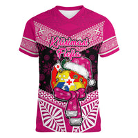 Tonga Christmas Women V Neck T Shirt Tongan Coat of Arms Santa With Ngatu Pattern Christmas Pink Style LT03 Female Pink - Polynesian Pride