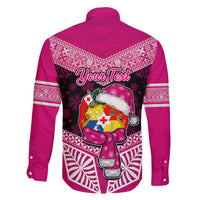 Personalised Tonga Christmas Family Matching Off Shoulder Maxi Dress and Hawaiian Shirt Tongan Coat of Arms Santa With Ngatu Pattern Christmas Pink Style LT03 - Polynesian Pride