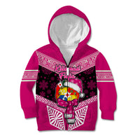 Personalised Tonga Christmas Kid Hoodie Tongan Coat of Arms Santa With Ngatu Pattern Christmas Pink Style LT03 Zip Hoodie Pink - Polynesian Pride